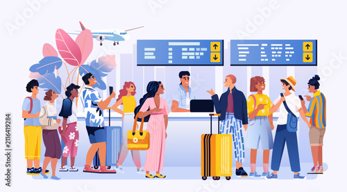 Summer airport travelers group waiting check-in counter airplane tropical leaves colorful outfits luggage holiday vacation concept banner