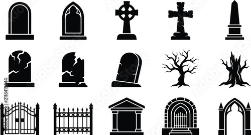 Bild auf Leinwand Set of black silhouette icons featuring tombstones crosses cemetery gates and sp