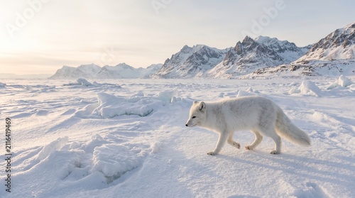 Arctic Fox in Snowy Landscape: A solitary Arctic fox with pristine white fur traverses a vast, snow-covered tundra under a bright, icy sky. Majestic snow-capped mountains loom in the distance.