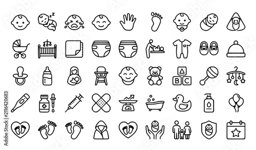 Fotografie Create a professional Baby Products and Childcare Outline Icon Set containing exactly 60 unique thin line vector icons