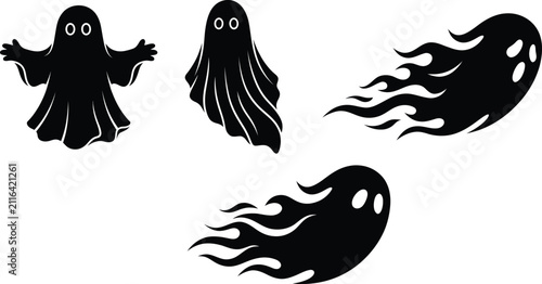 Картината върху платно Set of four hand drawn black ghost silhouettes isolated on a white background fo