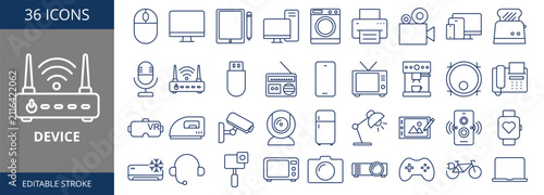 Device web banner icon set outline vector illustrations concept with icon echnology, phone, device, mobile, smartphone, screen, digital