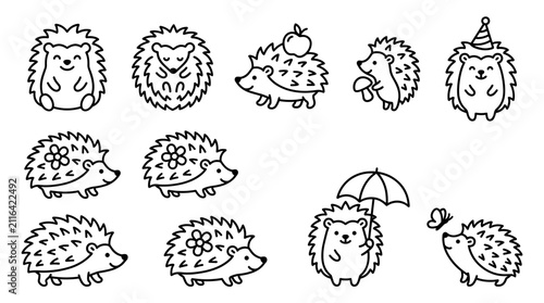 Cute hand drawn hedgehog doodle icons, minimalist black outline hedgehogs for kids, vector set