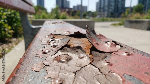 Close up of blistered and peeling paint on a rusty metal bench. Surface texture showing severe heat damage and weathering