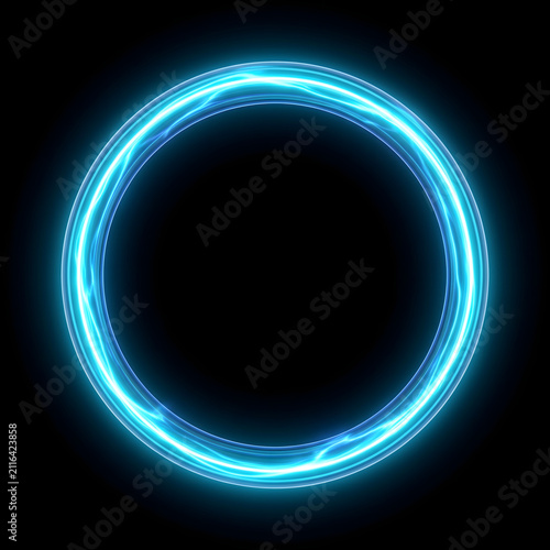 Glowing Cyan Blue Neon Light Ring Set, Futuristic Circle Frame, and Swirl Portal Isolated on Black Background