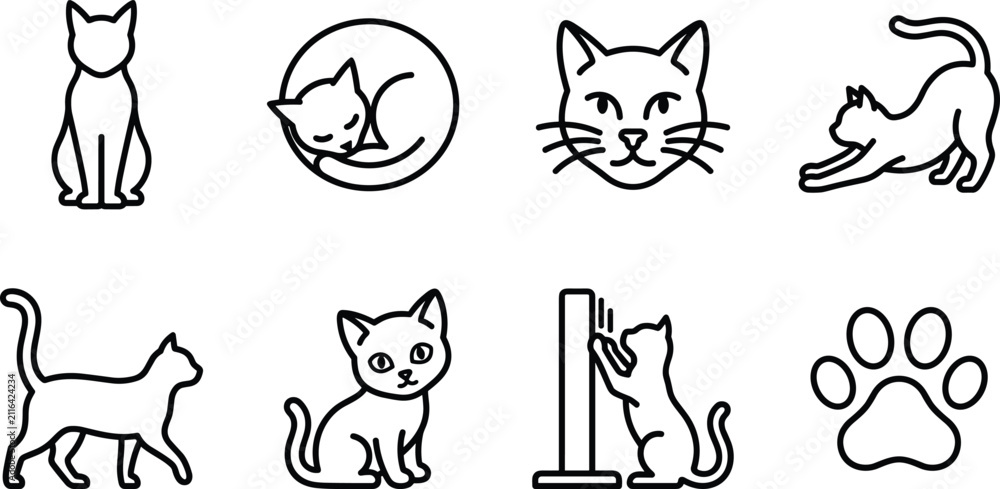Fototapeta premium Cute Cat and Pet Care Line Icon Set Vector with Sleeping Stretching Scratching and Paw Elements