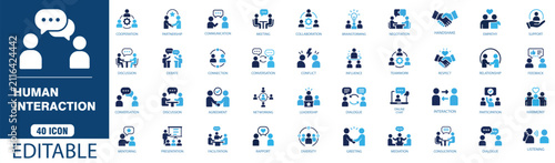 Set of 40 human interaction icons, business communication, teamwork, social relationship, meeting, networking, leadership, dialogue, discussion, partnership, cooperation, editable vector illustration
