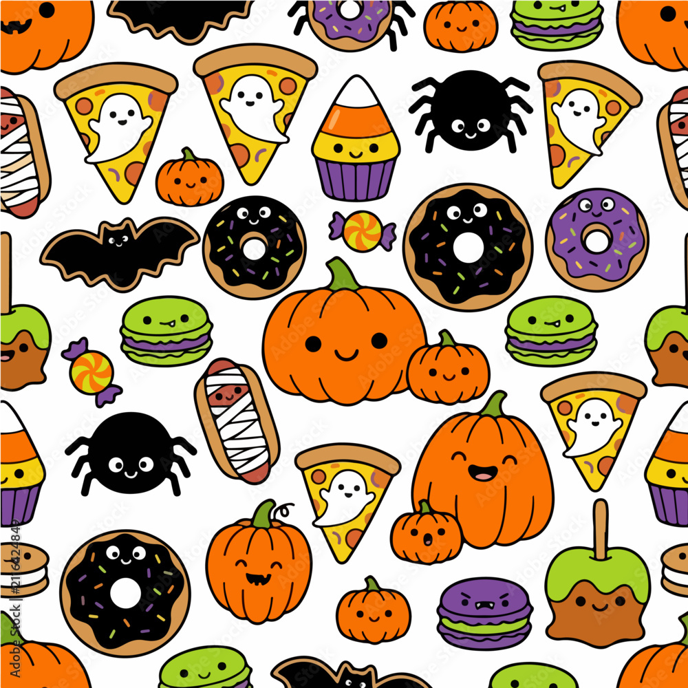 Obraz premium Cute Kawaii Pumpkin and Ghost Food Halloween Seamless Pattern