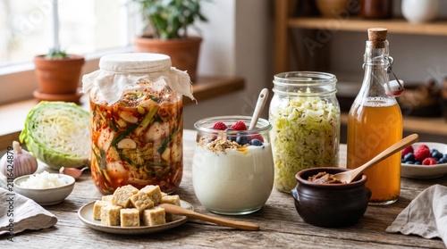 Assorted probiotic foods on a rustic kitchen counter for healthy eating and lifestyle promotion
