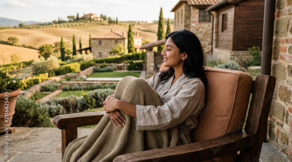 Obraz premium Woman enjoying a peaceful morning on a Tuscan villa terrace with rolling hills