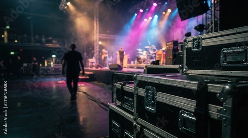 Road cases stack on a concert stage before a performance with glowing pink and blue lights.