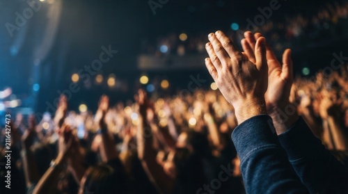 Audience applauds performer under stage lights, celebrating a successful show with hands clapping in unison.