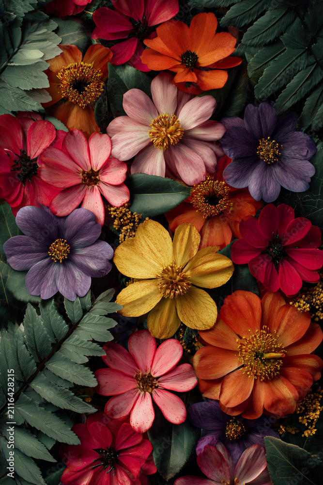 Fototapeta premium flowers arrangement of colorful blossoms and petals in different sizes and shapes, red yellow palette on dark background, photorealistic