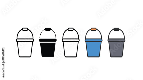 Bucket icon collection, colorful plastic buckets for cleaning, gardening, storage and utility tasks, simple vector illustration