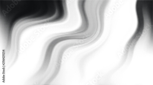 Abstract halftone wavy lines background transparent graphic element in black and white colors, smooth flowing gradient dots texture for design projects.