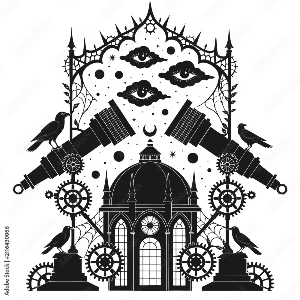 Fototapeta premium Gothic observatory with telescopes eyes and crows on transparent background steampunk architecture art.