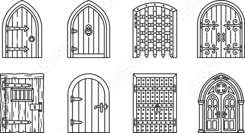 Medieval Castle and Fantasy Wooden Door Line Icon Set Vector with Gothic Arches and Iron Gate Elements