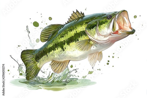Leaping Largemouth Bass Illustration Aquatic Wildlife Freshwater Fish Jump Angling Sport Fishing Art Isolated