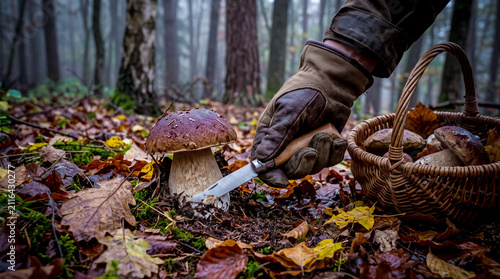 Gloved hand carefully lifts a wild mushroom. Fallen leaves and moss cover the forest floor. Wicker basket holds more mushrooms nearby. The person's focused action captures autumn foraging