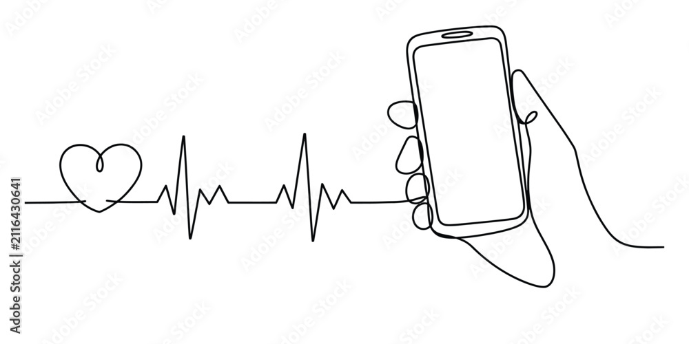 Fototapeta premium Continuous single line drawing of a hand holding a smartphone connected to a heart beat pulse rhythm Vector, illustration
