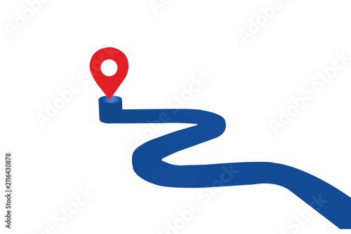 3d illustration of a blue winding path leading to a red location pin marker
