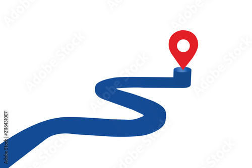3d illustration of a blue winding path leading to a red location pin marker