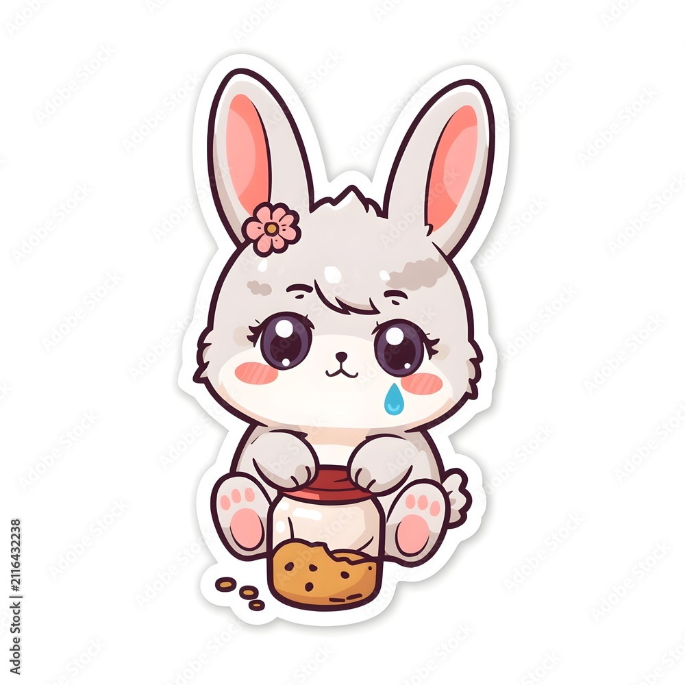 Fototapeta premium Cute Grey Kawaii Bunny Sad Empty Cookie Jar Flat Vector Sticker Illustration