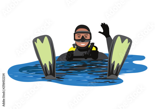 Happy diver having fun in the water, showing off his fins. Hand-drawn vector illustration of summer outdoor activities on a white