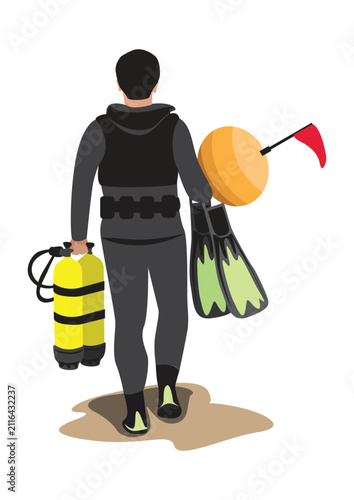 A diver carrying scuba gear, viewed from behind. Hand-drawn vector illustration of summer outdoor activities.