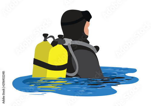 Diver in gear preparing for a dive, view from the back. Hand-drawn vector illustration of summer outdoor activities on a white background.