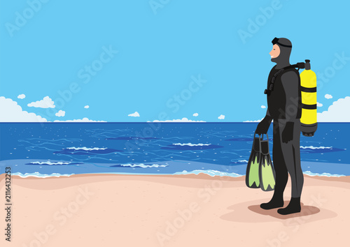 Diver in a wetsuit, with scuba gear and fins, standing on the beach. Hand-drawn vector illustration of summer outdoor activities.
