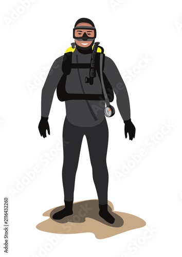 Happy diver in a wetsuit, with scuba gear and mask. Hand-drawn vector illustration of summer outdoor activities on a white background.