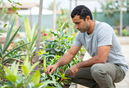 Young man tending to plants...