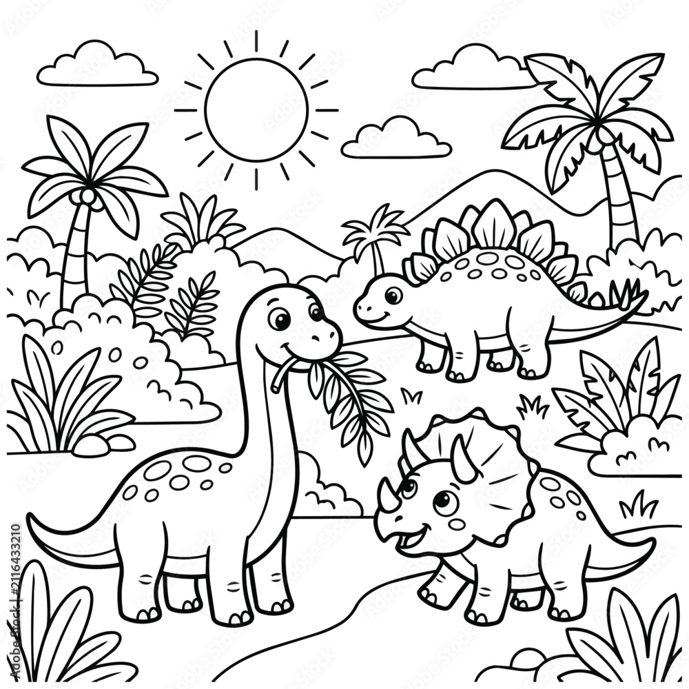 Fototapeta premium Fun Coloring Page Featuring Cartoon Dinosaurs in a Lush Prehistoric Landscape