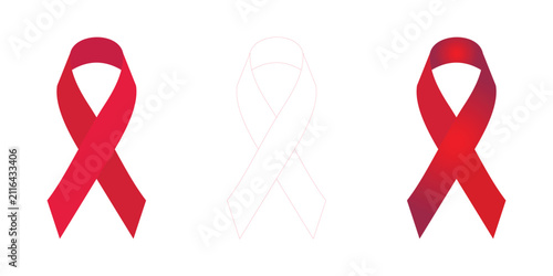 Set of Red Awareness Ribbons in Solid, Outline, and Gradient Styles