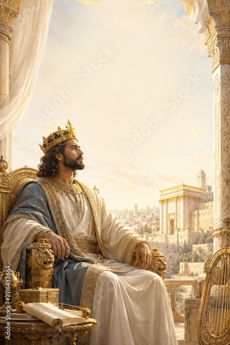King sitting on throne overlooking ancient city and temple, biblical illustration of royal majesty