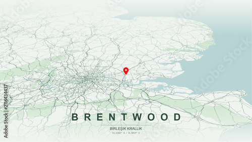 Modern minimalist vector map of Brentwood, Essex, England. High-quality scalable illustration of Brentwood geographic boundaries along Weald Country Park landscape for posters design.