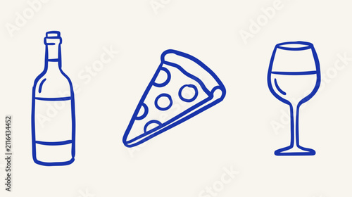 Blue hand drawn outline icons of a wine bottle a slice of pepperoni pizza and a stemmed glass on a light cream background