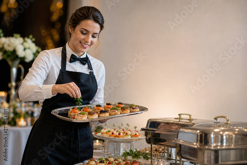 Caterer in black apron at elegant buffet with canapés and silver tray, corporate event service concept.
