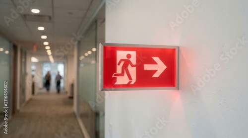 Red illuminated emergency exit sign with running man icon and right arrow on a modern office wall.