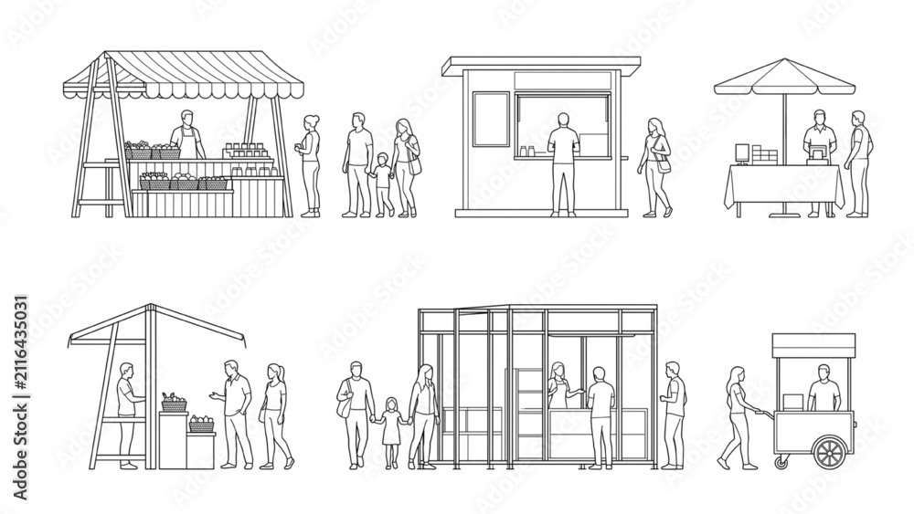 Obraz premium AutoCAD buildings architecture vector collection of market stalls and people