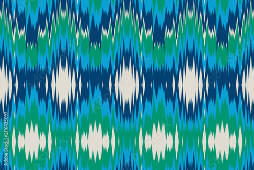 Ikat Seamless Pattern, Blue and Green Abstract Tribal Ornament Vector for Textile, Fashion Fabric Print, Wallpaper, Wrapping Paper, Ethnic Geometric Bohemian Background, Distressed Blur Texture 