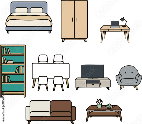 Flat line art furniture vector icons set featuring a bed, sofa, wardrobe, desk, dining table, TV stand, armchair, and bookshelf