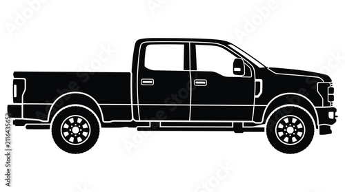 Black pickup truck vector illustration showing side view isolated on a clean white studio background