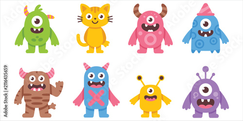 Bild auf Leinwand Cute cartoon monsters and cat characters with various expressions and isolated o