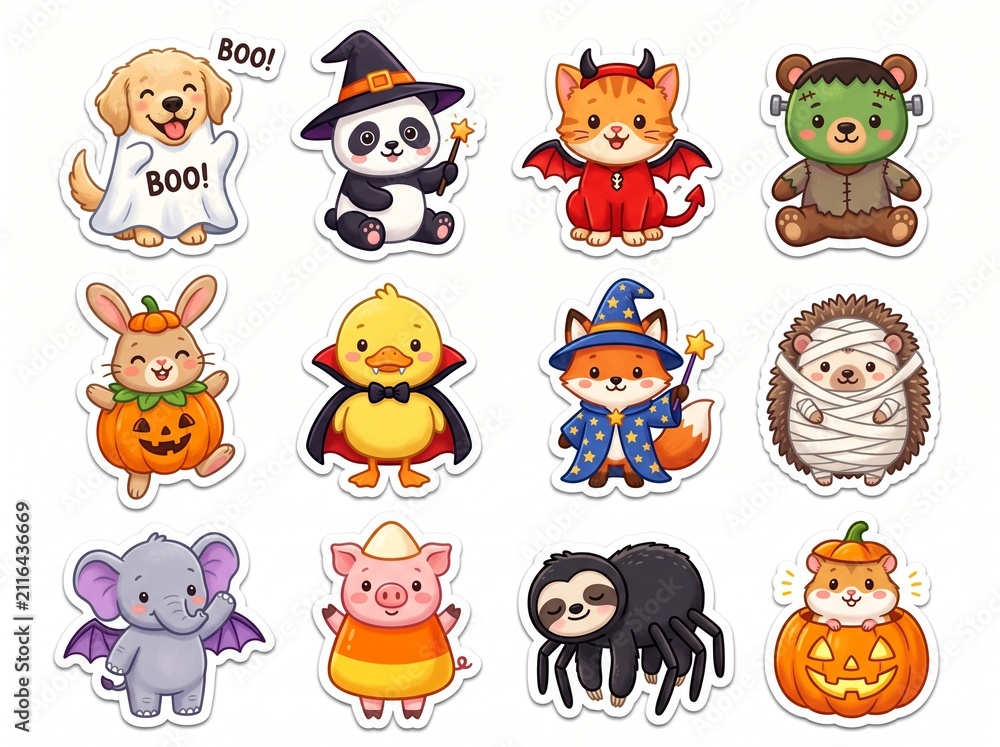 Fototapeta premium Ultra-cute Halloween sticker collection featuring baby animals (puppy, kitten, panda, bunny) wearing fun Halloween costumes. Whimsical, cheerful vector illustrations with white die-cut borders for kid