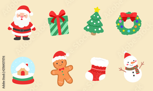 A set of cute Christmas decoration elements, simple children's illustration vector graphics.