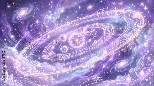 Magical pastel galaxy fantasy illustration with celestial rings and stars