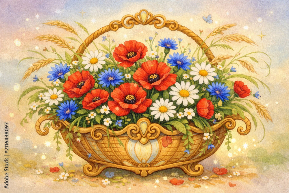 Obraz premium Ornamental wicker basket filled with red poppies, white daisies, and blue cornflowers. Watercolor style illustration of a magical summer bouquet in a golden woven basket.