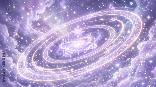 Magical celestial galaxy background with glowing cosmic magic circle rings, starry sky, clouds and pastel purple aesthetic fantasy space illustration